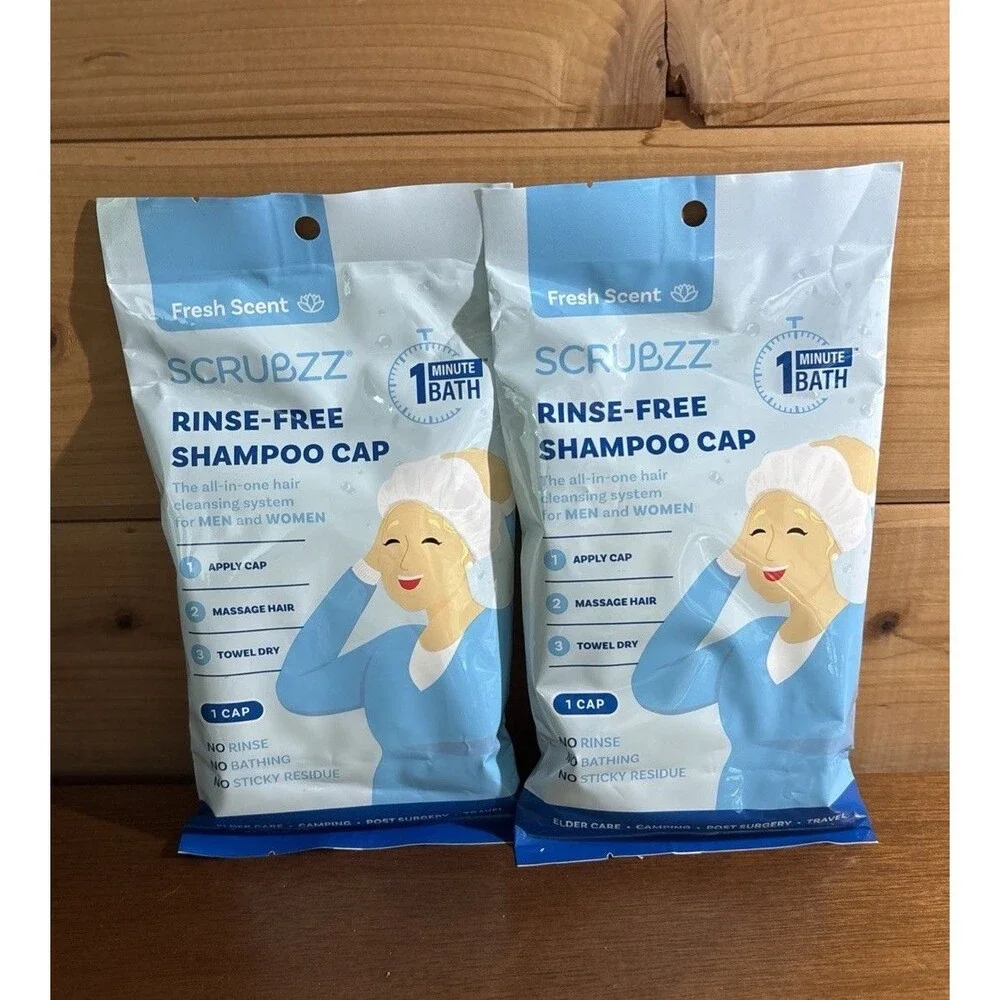2 Scrubzz Rinse-Free Shampoo Caps Latex Free Elder Care Camping Post-Surgery New